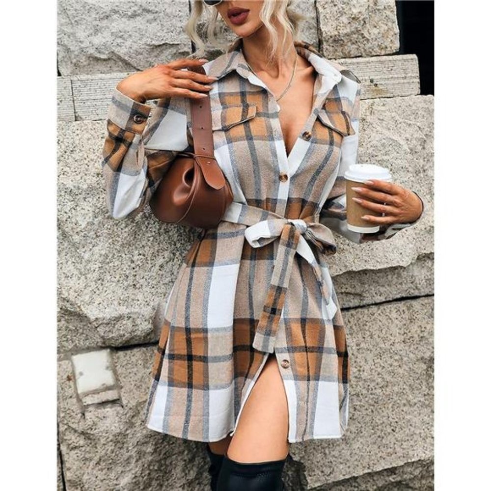 Khaki Long Plaid Shacket Jacket Button Down Midi Belted Trench Coat Dress - Picture 4 of 7